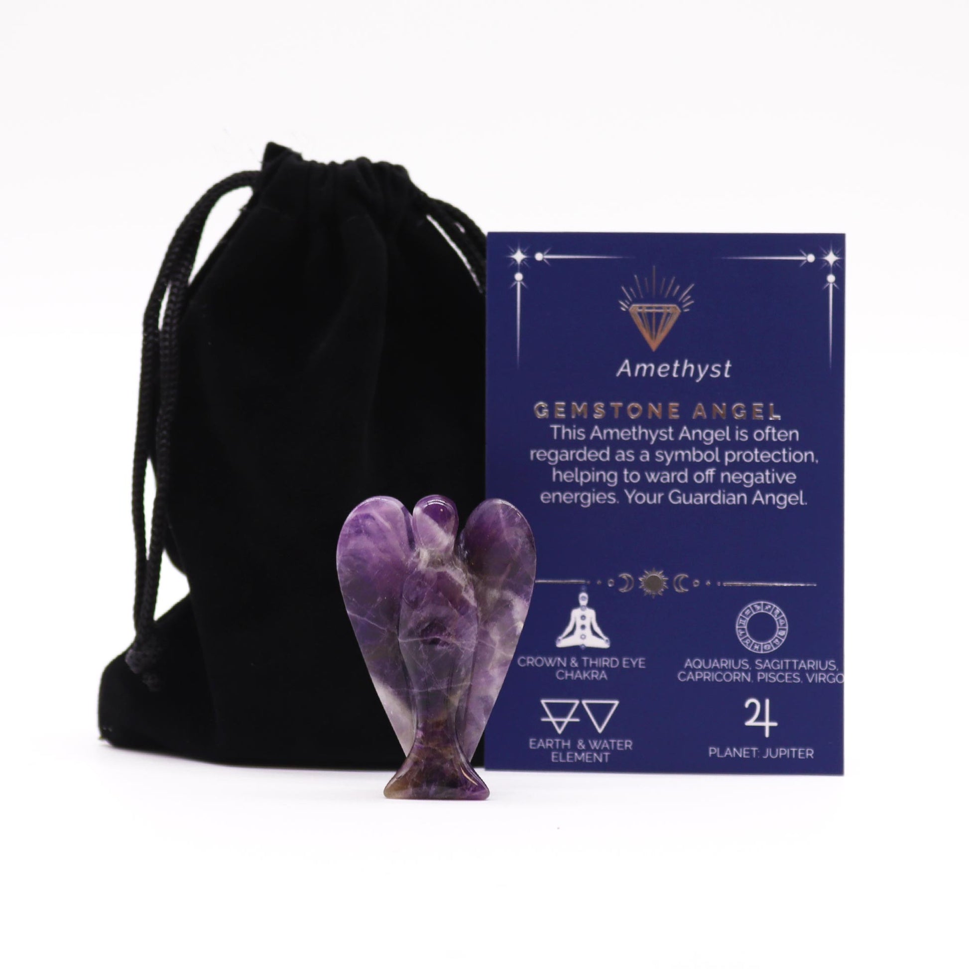 A beautifully detailed 5cm Amethyst crystal angel figurine, featuring rich purple tones and natural variations. Represents protection, intuition, and spiritual growth. Ideal for meditation, reiki healing, or as a bedside companion for peaceful energy. Comes with a velvet pouch and meaning card.