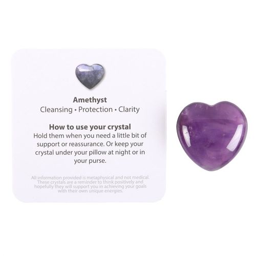 A polished Amethyst Crystal Heart displayed with an informational card describing its properties of cleansing, protection, and clarity. The card explains how to use the crystal for emotional support, stress relief, and spiritual well-being. Perfect for meditation, mindfulness, and self-care.