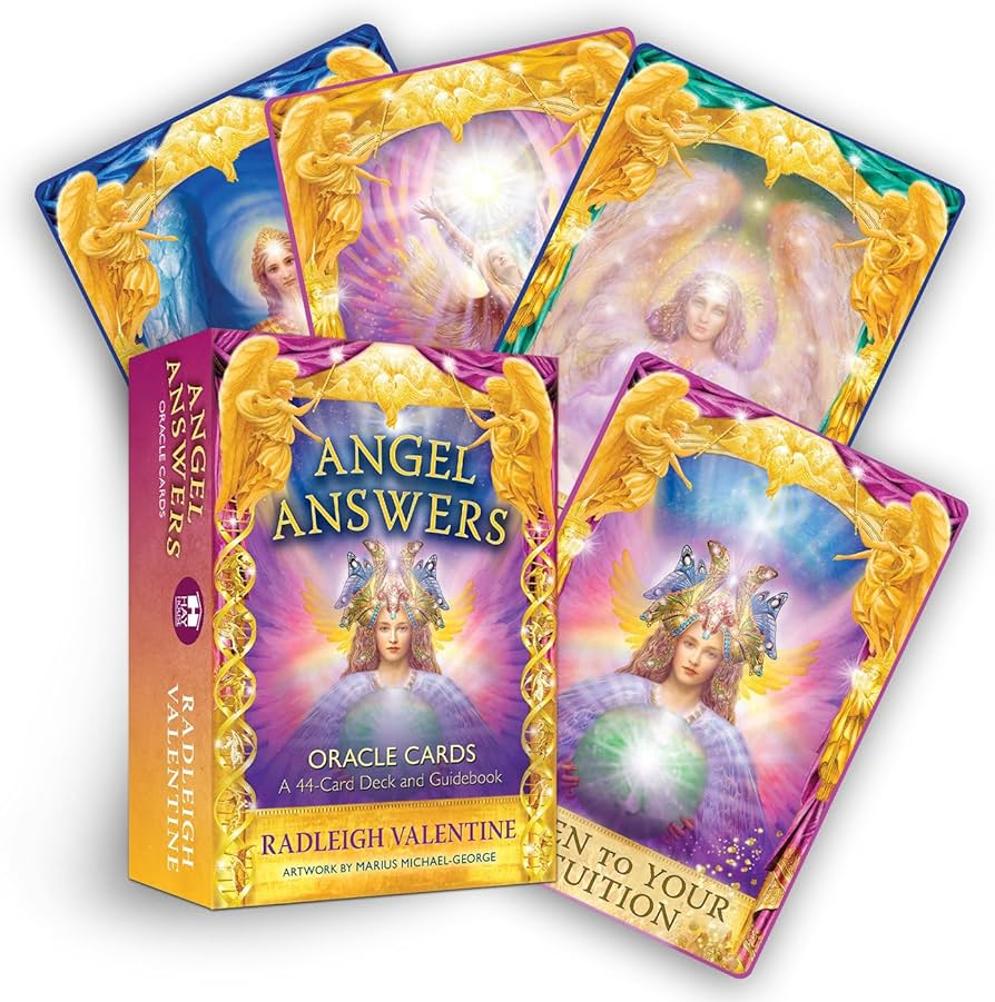 The Angel Answers Oracle Cards deck by Radleigh Valentine, displayed with sample cards featuring golden angelic artwork and intuitive guidance.