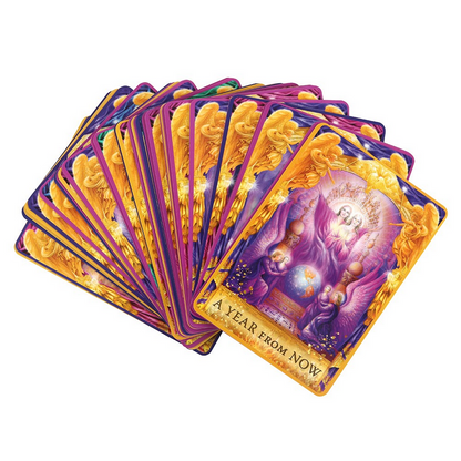 A fanned-out display of Angel Answers Oracle Cards, featuring vibrant golden artwork and messages offering direct spiritual insight.