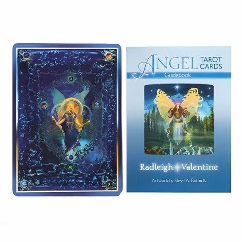 A guidebook from Angel Tarot Cards by Radleigh Valentine, alongside a card back design featuring celestial blue artwork and angelic symbolism.