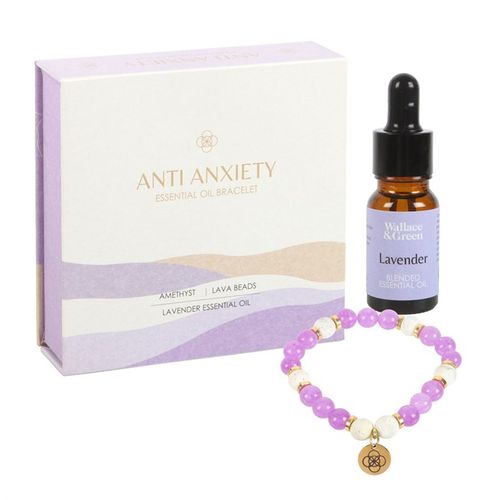 An Anti-Anxiety Essential Oil Bracelet set featuring an Amethyst and Lava Bead bracelet, a bottle of Lavender essential oil, and a gift box. Designed for stress relief, relaxation, and emotional balance, this bracelet allows you to apply essential oils to the lava beads for long-lasting aromatherapy benefits.