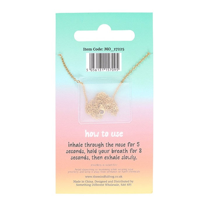 The back of the Anti-Anxiety Breathing Necklace packaging, featuring breathing instructions for stress relief and meditation.