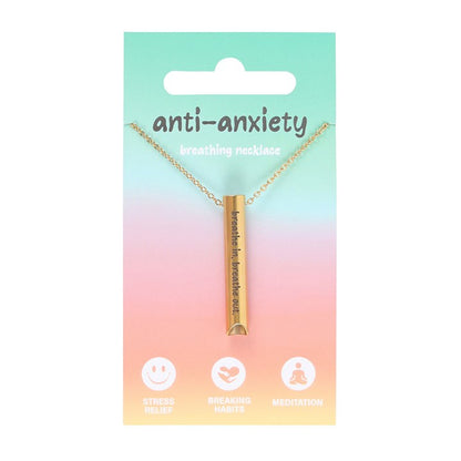 The Anti-Anxiety Breathing Necklace on a pastel gradient packaging card, highlighting its benefits for stress relief, meditation, and habit-breaking.