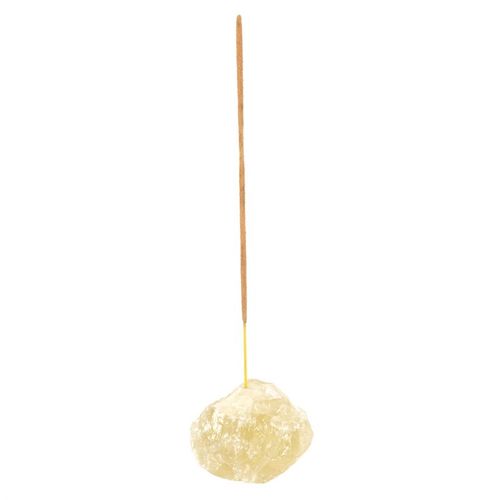 A raw Citrine Crystal Incense Holder with a single incense stick. This natural crystal promotes abundance, positivity, and energy cleansing while enhancing meditation, relaxation, and manifestation practices.