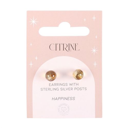 A pair of Citrine Semi-Precious Crystal Earrings with sterling silver posts, displayed on a pink card labeled "Happiness." These healing crystal earrings promote positivity, abundance, and self-confidence, making them a perfect gift for manifestation and energy balance.