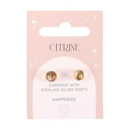 A pair of Citrine Semi-Precious Crystal Earrings with sterling silver posts, displayed on a pink card labeled "Happiness." These healing crystal earrings promote positivity, abundance, and self-confidence, making them a perfect gift for manifestation and energy balance.