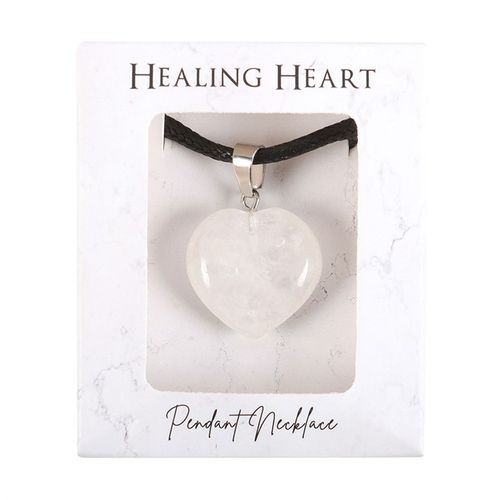 A Clear Quartz Heart Pendant Necklace displayed in an elegant "Healing Heart" gift box. This high-vibration crystal enhances spiritual clarity, emotional balance, and energy healing, making it a powerful talisman for meditation, manifestation, and self-love.