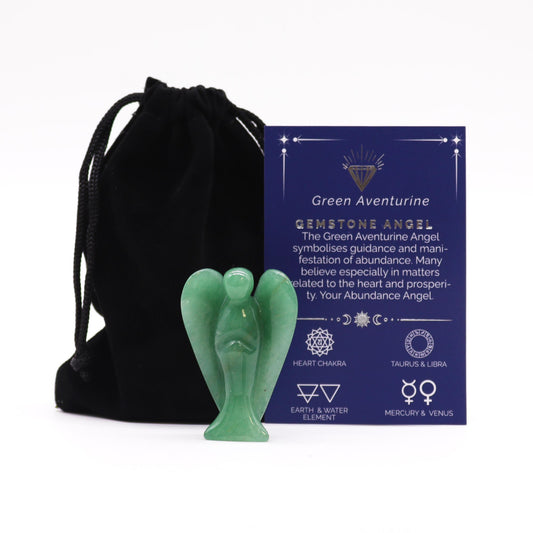 A 5cm Green Aventurine angel figurine with soft green hues and natural patterns. Known as the stone of abundance and luck, this angel is believed to attract prosperity and positive opportunities. A thoughtful spiritual keepsake for personal growth and success. Comes with a velvet pouch and meaning card.