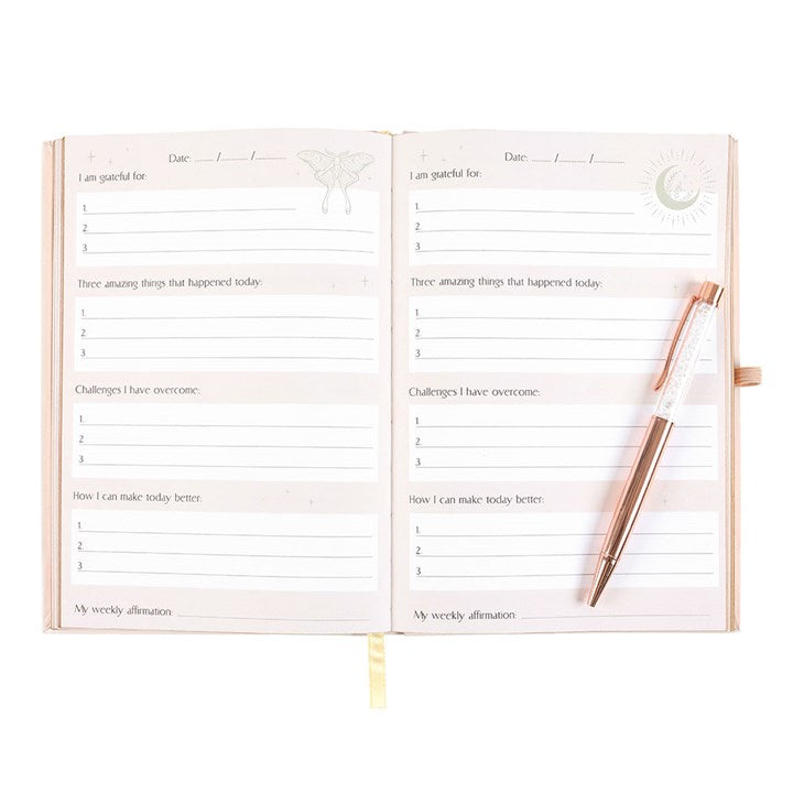 An open Daily Reflection Journal featuring guided prompts for gratitude, affirmations, and self-growth. Accompanied by a Clear Quartz Crystal Pen, this journal is designed to support mindfulness, manifestation, and positive intention setting.