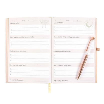 An open Daily Reflection Journal featuring guided prompts for gratitude, affirmations, and self-growth. Accompanied by a Clear Quartz Crystal Pen, this journal is designed to support mindfulness, manifestation, and positive intention setting.