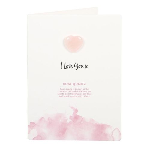 An elegant "I Love You" greeting card featuring a polished Rose Quartz Crystal Heart. Designed to promote self-love, emotional healing, and heart chakra balance. A meaningful gift for relationships, mindfulness, and spiritual well-being.
