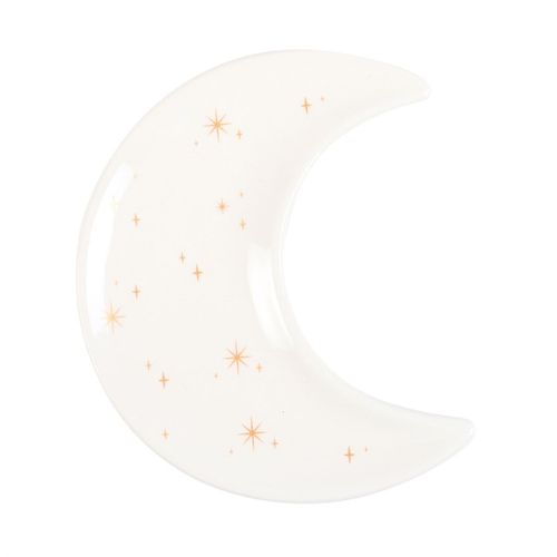 A crescent moon-shaped trinket dish with delicate gold star details. Perfect for holding crystals, jewellery, or small keepsakes. A stylish and celestial-inspired addition to any space.