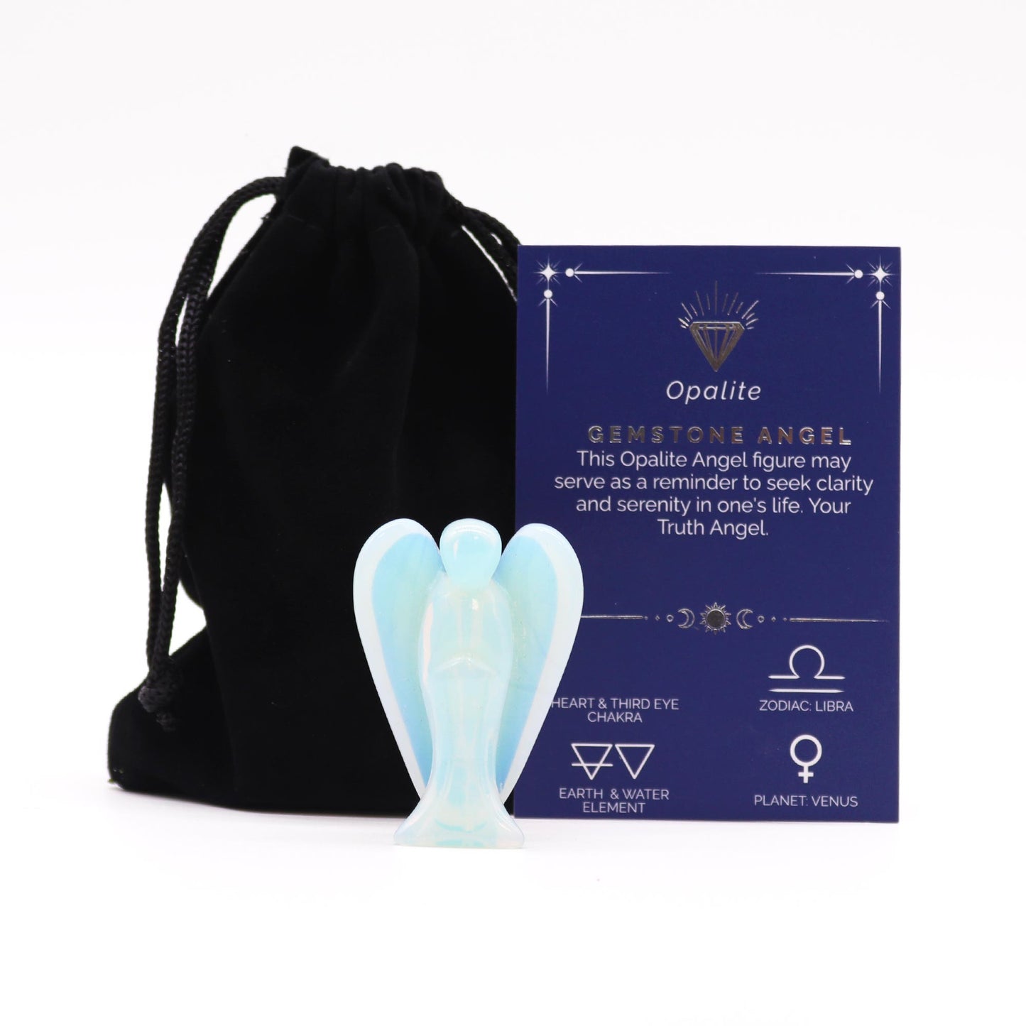 A luminous 5cm Opalite angel figurine with an ethereal glow that shifts between blue and milky white. Symbolises clarity, transformation, and emotional balance. A perfect crystal companion for those seeking guidance through life’s transitions. Comes with a velvet pouch and meaning card.