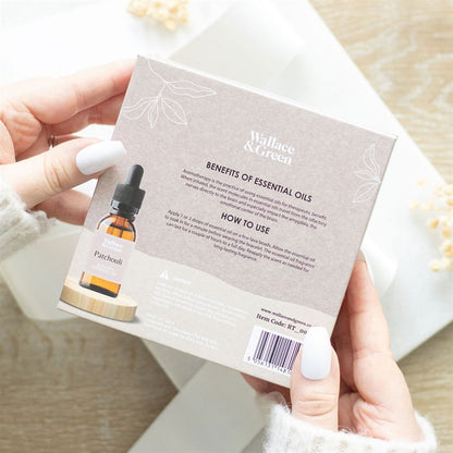 A person holding the back of the Stress Less Essential Oil Bracelet gift set, showcasing the benefits of Patchouli essential oil and instructions for use with lava beads for a calming aromatherapy experience.