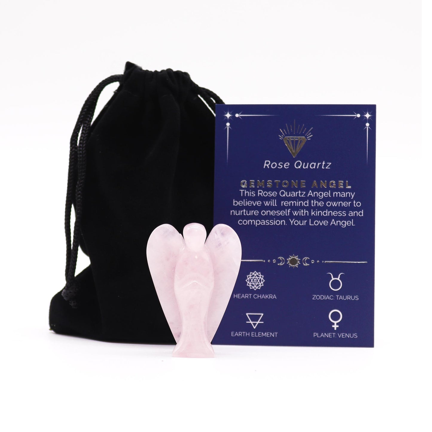 A delicate hand-carved 5cm Rose Quartz angel figurine with soft pink hues. Symbolises love, compassion, and emotional healing. This pocket-sized guardian is perfect for carrying with you, placing on your altar, or gifting to someone in need of comfort and self-love. Comes with a velvet pouch and meaning card.