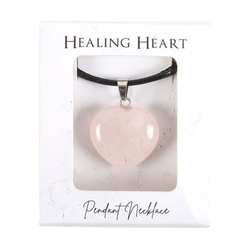 A Rose Quartz Heart Pendant Necklace displayed in a gift box labeled "Healing Heart." This crystal necklace promotes self-love, emotional healing, and heart chakra balance. A perfect jewelry piece for manifestation, mindfulness, and positive energy.