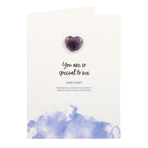 A "Special to Me" greeting card featuring a heart-shaped Amethyst crystal. Designed to promote stress relief, emotional healing, and relaxation. A perfect self-care gift for mindfulness, meditation, and positive energy.