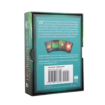 The back of The Healing Spirits Oracle box by Gordon Smith, featuring a description of the deck’s purpose, sample oracle cards, and information on its spiritual guidance and intuitive insights.