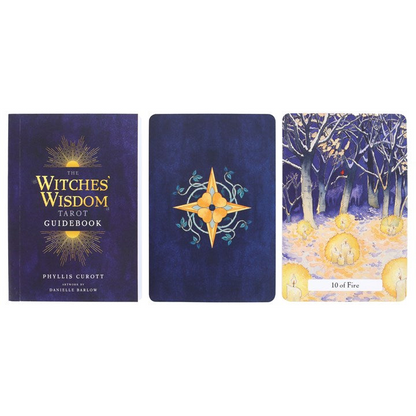 A display of The Witches' Wisdom Tarot set, including the guidebook, the back of a card featuring a mystical golden compass design, and the "10 of Fire" card depicting a glowing winter forest scene illuminated by candlelight.