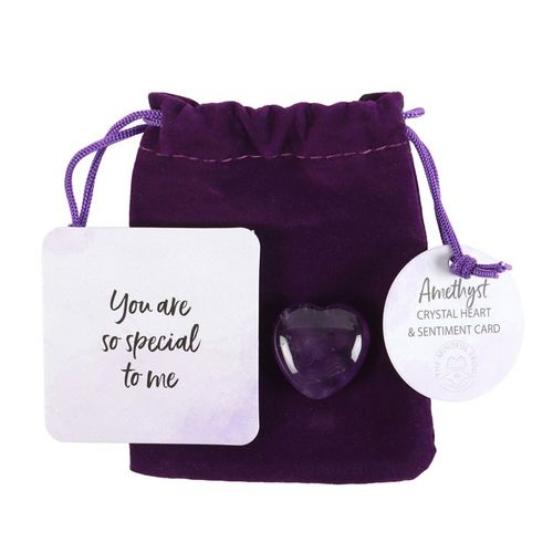 A polished Amethyst Crystal Heart presented with a deep purple velvet drawstring pouch and a sentiment card reading "You Are So Special to Me." This healing crystal promotes emotional balance, stress relief, and intuition, making it a meaningful gift for mindfulness, meditation, and spiritual well-being.
